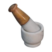 Small Marble Pestle and Mortar with Handcrafted Wood, Compact Kitchen Accessory Set with Marble Blend, 7L x 7W x 6H cm, Brown+White(m-6)