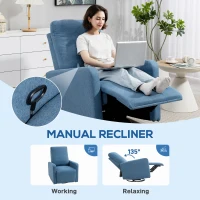 HOMCOM Fotoliu Relaxant Reclinabil Manual la 135°, Rotativ la 360° cu Funcție de Balans, Albastru(m-4)