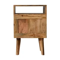 Solid Wood Handcrafted Bedside Table with Knitted Fabric Door and Open Slot, Desk with Cotton-blend Panel, 35L x 40W x 60H cm, Brown(m-9)