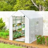 Outsunny Walk-in Greenhouse with 3 Tier Shelves, Outdoor Green House Garden Grow House with Reinforced PE Cover, Roll-up Door and Mesh Windows, 140 x 213 x 190cm, White(m-8)
