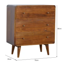 Solid Mango Wood 3-Drawer Curved Chest with Mid-Century Nordic-Style Slim Tapered Legs, Table with Practical Storage, 35L x 70W x 80H cm, Brown(m-3)