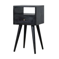 Solid Mango Wood Mini Bedside Table with Drawer and Open Shelf, Sustainable Construction, Desk for Bedroom, 30L x 30W x 57H cm, Black(m-6)