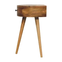 Solid Mango Wood Mini Circular Bedside Table with Smooth-Glide Drawer and Oak-Effect Finish, Desk for Bedroom, 32L x 40W x 52H cm, Brown(m-7)