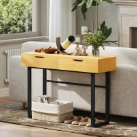 HOMCOM Console table 120 cm, narrow console with 2 drawers, metal frame and handleless design, natural wood(m-4)