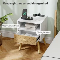 HOMCOM Mesilla de Noche con Estación de Carga Cajón 2 Tomas AC Puerto USB Tipo-C Compartimento Abierto Patas de Madera Blanco(m-5)