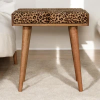 Solid Wood Footstool with Comfort-Filled and Hand-Finished, Upholstered Footstool with Leopard Velvet Tray-Style Top, 35L x 50W x 52H cm, Brown(m-1)