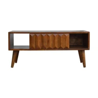 Solid Mango Wood Media Unit with Sliding Door and Open Slot Storage, Hand-finished Table with Unique Grain, 35L x 88W x 40H cm, Brown(m-7)