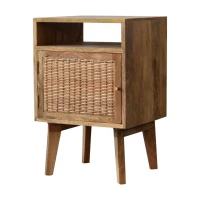 Solid Wood Handcrafted Bedside Table with Knitted Fabric Door and Open Slot, Desk with Cotton-blend Panel, 35L x 40W x 60H cm, Brown(m-6)