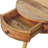 Solid Mango Wood Mini Circular Bedside Table with Smooth-Glide Drawer and Oak-Effect Finish, Desk for Bedroom, 32L x 40W x 52H cm, Brown(m-4)