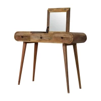 Solid Mango Wood Round Dressing Table 3 Drawers and Foldable Mirror, Hand‑finished Desk with Oak-ish Finish, 40L x 100W x 80H cm, Brown(m-6)
