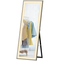 HOMCOM Espelho de Pé  com Luzes 165x60 cm 3 Temperaturas de Cor Brilho Ajustável Independente ou de Parede Branco e Preto(m-7)