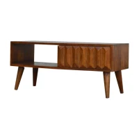Solid Mango Wood Media Unit with Sliding Door and Open Slot Storage, Hand-finished Table with Unique Grain, 35L x 88W x 40H cm, Brown(m-6)