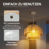 HOMCOM Hängelampe, 3-stufiger Lampenschirm, Metall, Hanfseil, Hellbraun(m-5)