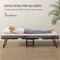 HOMCOM Letto Pieghevole Singolo 90x200 cm con Materasso Spesso 10 cm, Rete in Metallo e Ruote con Freno, Nero(m-4)