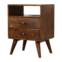 Solid Mango Wood Bedside Cabinet with 2 Smooth‑gliding Drawers, Classic Nightstand with Open Shelf, 35L x 45W x 60H cm, Brown(m-8)