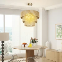 HOMCOM Hemp Rope Ceiling Light, 3-Layer Boho Pendant Light, 4 x E14 Vintage Ceiling Lamp Fixtures for Living Room, Bedroom, Kitchen, Hallway, Light Brown(m-8)