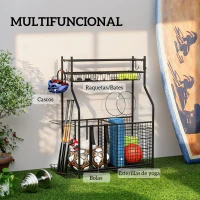 SPORTNOW Organizador de Equipos Deportivos con Cesta Ganchos Extraibles y Bandas Elásticas para Balones de Baloncesto y Fútbol(m-7)