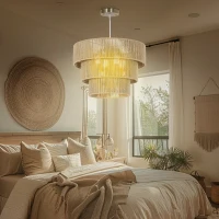 HOMCOM Hemp Rope Ceiling Light, 3-Layer Boho Pendant Light, 4 x E14 Vintage Ceiling Lamp Fixtures for Living Room, Bedroom, Kitchen, Hallway, Light Brown(m-7)