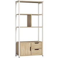 HOMCOM Librería Estantería para Libros con Estantes Cajones y Puerta 58x24x122 cm Estilo Industrial Blanco y Madera Natural