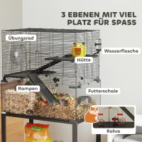 PawHut Hamsterkäfig, Kleintiergehege mit 3 Ebenen, Laufrad, Hütte, Plattformen, Rampen, Futterschale, Wasserflasche, Zubehör, Stahl, Kunststoff, Schwarz(m-4)