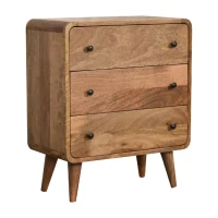Solid Mango Wood Mini Curved Chest with 3 Drawers, Clear Natural Finish, Handcrafted Design with Secure Packaging, 30L x 55W x 65H cm, Brown(m-6)