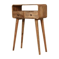 Solid Mango Wood Mini Curved Console Table with 2 Drawers and Open Slot, Bedside Cabinet with Clear Natural Finish, 30L x 60W x 90H cm, Brown(m-7)
