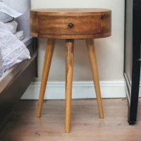Solid Mango Wood Mini Circular Bedside Table with Smooth-Glide Drawer and Oak-Effect Finish, Desk for Bedroom, 32L x 40W x 52H cm, Brown(m-1)