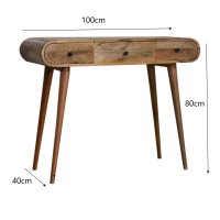 Solid Mango Wood Round Dressing Table 3 Drawers and Foldable Mirror, Hand‑finished Desk with Oak-ish Finish, 40L x 100W x 80H cm, Brown(m-3)