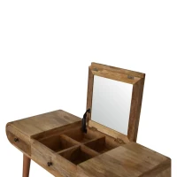 Solid Mango Wood Round Dressing Table 3 Drawers and Foldable Mirror, Hand‑finished Desk with Oak-ish Finish, 40L x 100W x 80H cm, Brown(m-4)