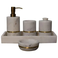 Set of 5 Marble Bathroom Accessory with Brass Inlay and Understated Sheen, Hand-Finished Set with Fully Assembled, 7.5L x 7.5W x 10H cm, White(m-2)