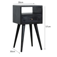 Solid Mango Wood Mini Bedside Table with Drawer and Open Shelf, Sustainable Construction, Desk for Bedroom, 30L x 30W x 57H cm, Black(m-3)
