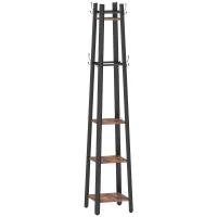 HOMCOM Industrial-Style Four Shelf Coat Stand - Brown/Black(m-1)