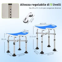 HOMCOM Sgabello da Doccia Regolabile in Altezza con Maniglione, Seduta Imbottita a U e Piedini Antiscivolo, Blu(m-3)