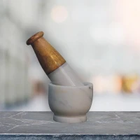 Small Marble Pestle and Mortar with Handcrafted Wood, Compact Kitchen Accessory Set with Marble Blend, 7L x 7W x 6H cm, Brown+White(m-1)