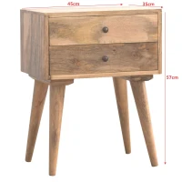 Solid Mango Wood Bedside Table with Nordic Legs and Clear Natural Finish, Bedside Cabinet with 2 Drawers, 35L x 45W x 57H cm, Brown(m-3)