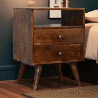 Solid Mango Wood Bedside Cabinet with 2 Smooth‑gliding Drawers, Classic Nightstand with Open Shelf, 35L x 45W x 60H cm, Brown