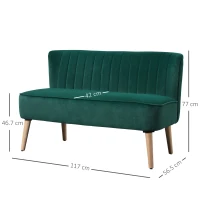 HOMCOM Divano design retrò 2 posti, gambe in legno, 117 cm x 56,5 cm x 77 cm, Verde scuro(m-3)