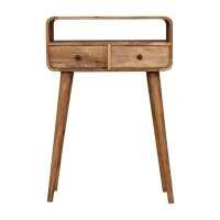 Solid Mango Wood Mini Curved Console Table with 2 Drawers and Open Slot, Bedside Cabinet with Clear Natural Finish, 30L x 60W x 90H cm, Brown(m-2)