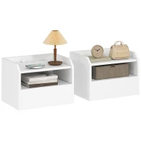HOMCOM Juego de 2 Mesitas de Noche Flotantes con Estación de Carga Cajón Estante Abierto 40x29x29 cm Blanco(m-10)