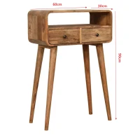Solid Mango Wood Mini Curved Console Table with 2 Drawers and Open Slot, Bedside Cabinet with Clear Natural Finish, 30L x 60W x 90H cm, Brown(m-3)