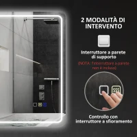 HOMCOM Specchio Bagno LED con Bluetooth, Illuminazione Regolabile e Funzione Memory, in Vetro Temperato, 70x50x3.5 cm(m-9)