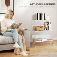HOMCOM Bücherregal Aufbewahrungsregal mit 3 Ebenen, Rädern, Spielzeugregal für Schlafzimmer, 69 x 26 x 108 cm, Weiß(m-6)