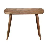 Solid Mango Wood Round Dressing Table 3 Drawers and Foldable Mirror, Hand‑finished Desk with Oak-ish Finish, 40L x 100W x 80H cm, Brown(m-8)