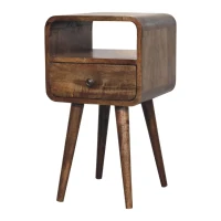 Solid Mango Wood Mini Curved Bedside Table with Drawer and Open Shelf, Desk with Aged Weathered Finish, 30L x 30W x 55H cm, Brown(m-6)