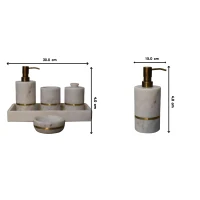 Set of 5 Marble Bathroom Accessory with Brass Inlay and Understated Sheen, Hand-Finished Set with Fully Assembled, 7.5L x 7.5W x 10H cm, White(m-3)