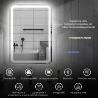 HOMCOM Specchio Bagno LED con Bluetooth, Illuminazione Regolabile e Funzione Memory, in Vetro Temperato, 70x50x3.5 cm(m-4)