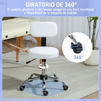 HOMCOM Taburete Giratorio con Respaldo y Ruedas Altura Regulable para Salones de Belleza Estudio de Tatuajes Blanco(m-5)