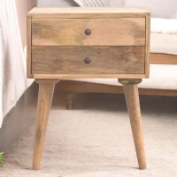 Solid Mango Wood Bedside Table with Nordic Legs and Clear Natural Finish, Bedside Cabinet with 2 Drawers, 35L x 45W x 57H cm, Brown(m-1)