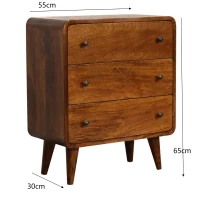 Solid Mango Wood Mini Curved Chest with 3 Drawers and Deep-Penetrating Stain Finish, Table for Bedroom, 30L x 55W x 65H cm, Brown(m-3)