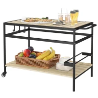 Outsunny Carrinho Multifuncional com Rodas de Madeira Bancada em Ripas 2 Prateleiras 3 Ganchos 107x65x80 cm Madeira(m-11)